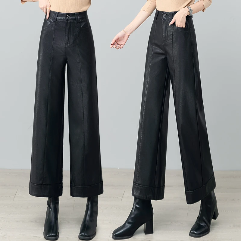 黑色pu阔腿皮裤女士秋季2025新款美式高腰显瘦垂感九分休闲直筒裤