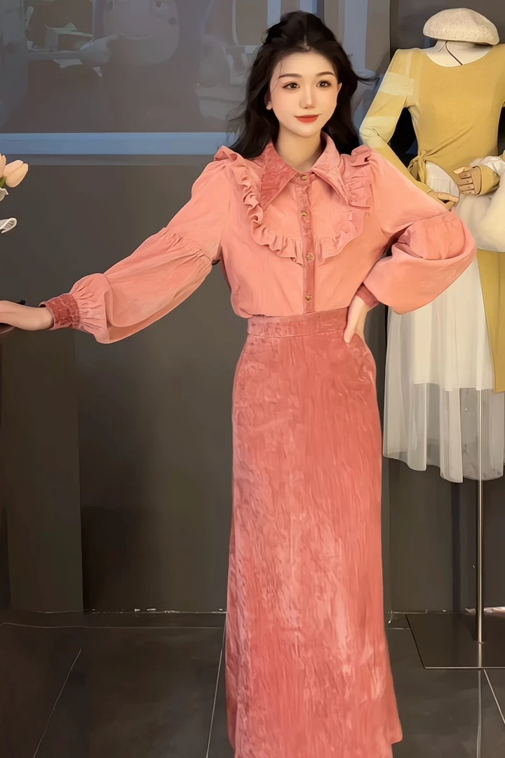 港风复古套装女冬新款设计感小众木耳边拼接衬衫高腰半身裙两件套