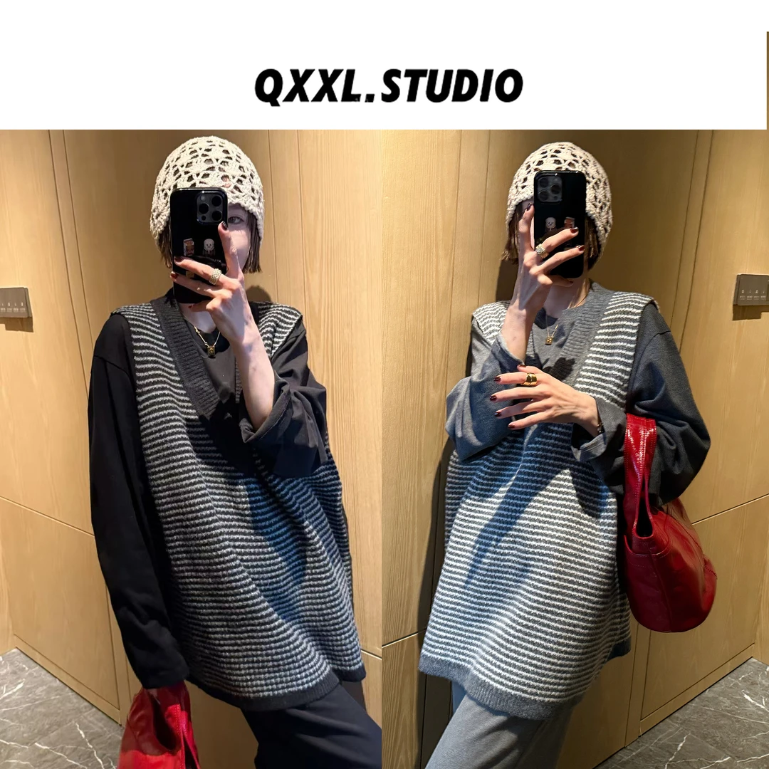 邱小小丽呀 秋冬新款V领撞色针织马甲女百搭显瘦叠穿背心上衣