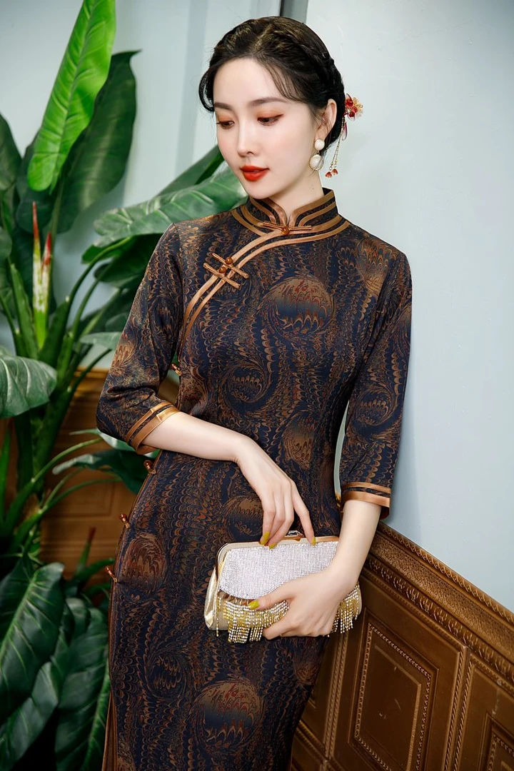 白幼秀港风时尚日常七分袖中式优雅显瘦旗袍气质修身8020复古