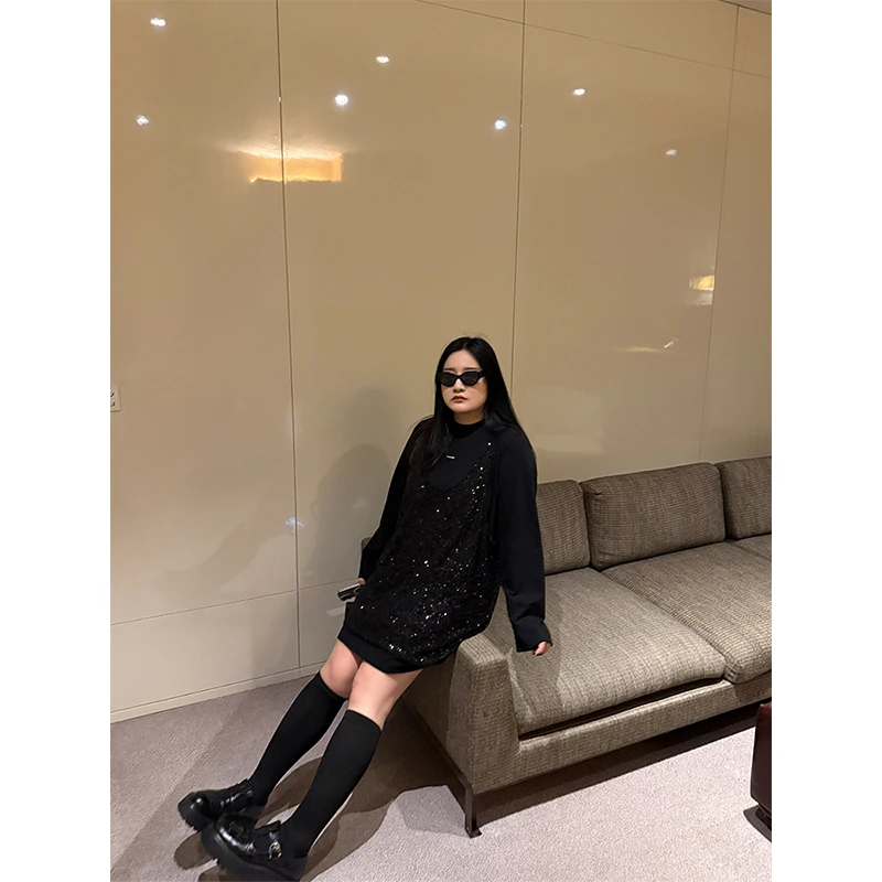 铅笔小鑫大码女装 亮闪闪 摆脱沉闷重工亮片假两件T恤裙