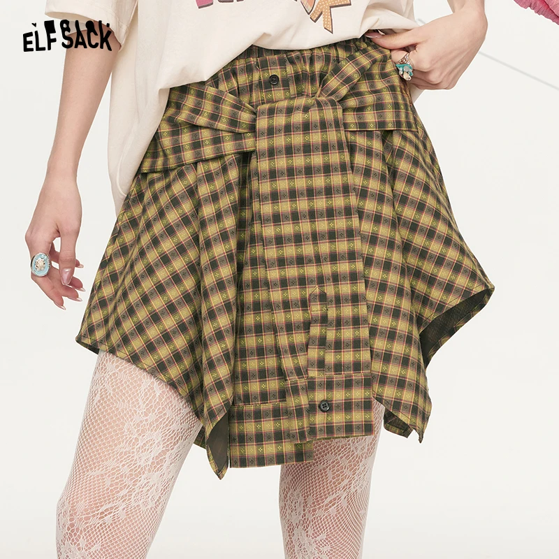妖精的口袋格纹细带不规则半身裙女2025年夏季新款美式复古短裙子