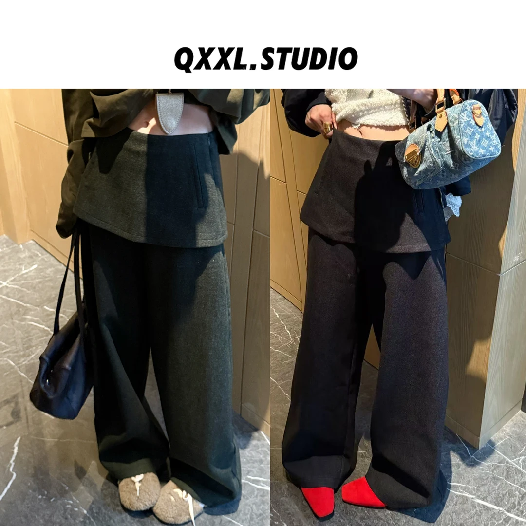 邱小小丽呀 秋冬新款假两件设计屁帘裤女百搭通勤风休闲直筒长裤