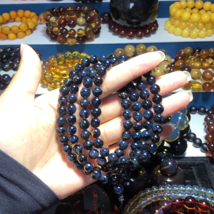 琥珀未镶嵌手链收藏级星际蓝天翁珀108