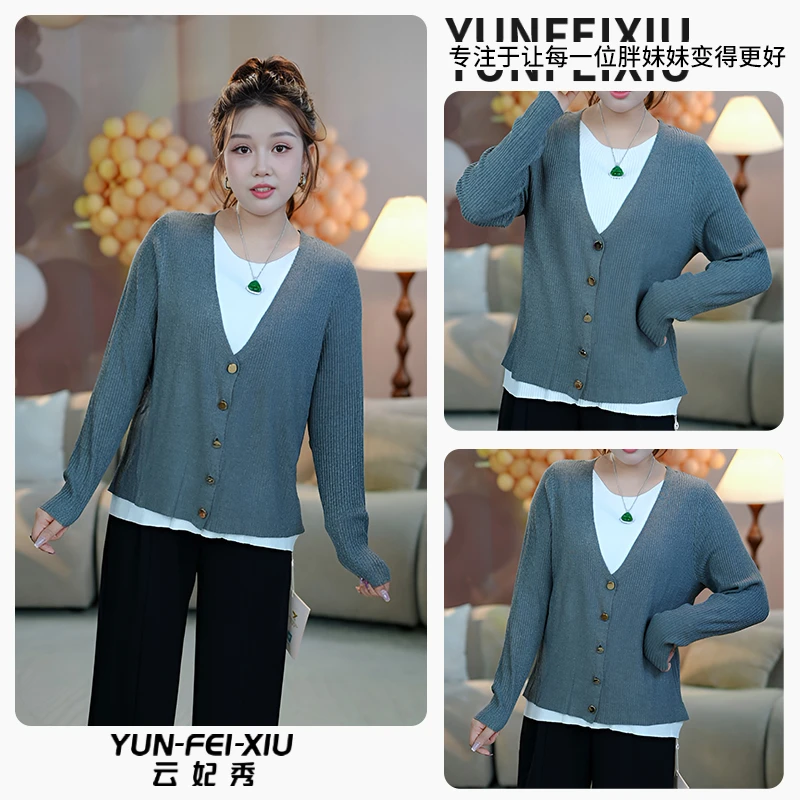 云妃秀大码女装针织衫时尚休闲胖妹妹气质假两件宽松显瘦秋69169