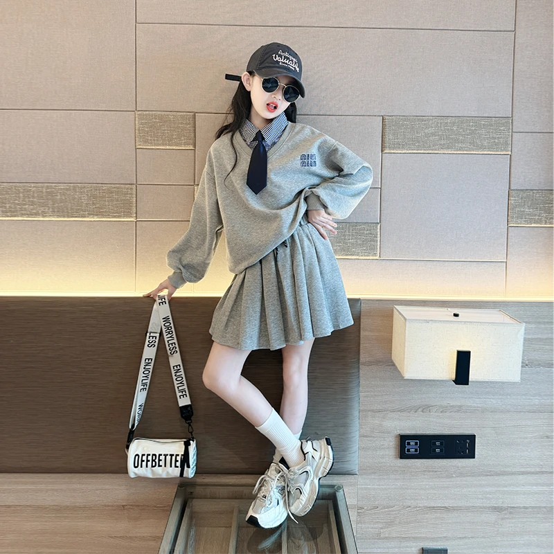 女童秋装套装2025新款儿童洋气卫衣女大童秋季学院风百褶裙两件套