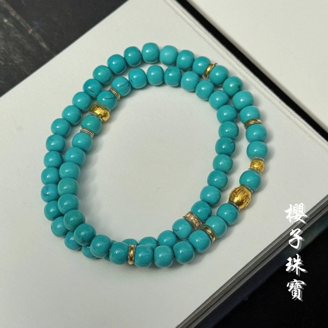 樱子 | 揽月 18k金原矿高瓷绿松老型时尚设计双圈手串*YZLSS3137