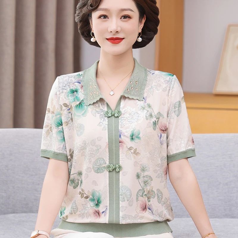 妈妈夏装翻领冰丝上衣2025新款40岁50中老年女装短袖T恤透气汗衫