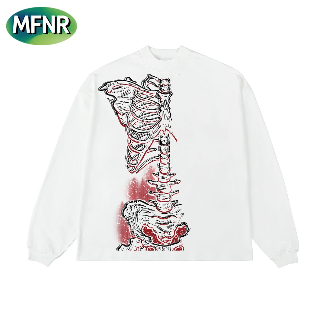 潮牌复古设计感印花圆领长袖t恤男秋冬宽松潮牌重磅纯棉打底上衣