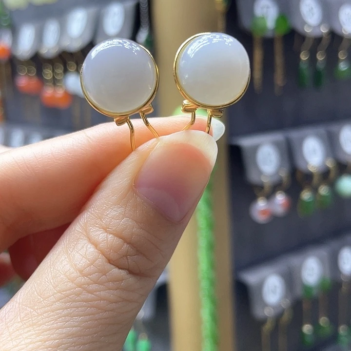 和田玉银S925镀金镶嵌耳饰