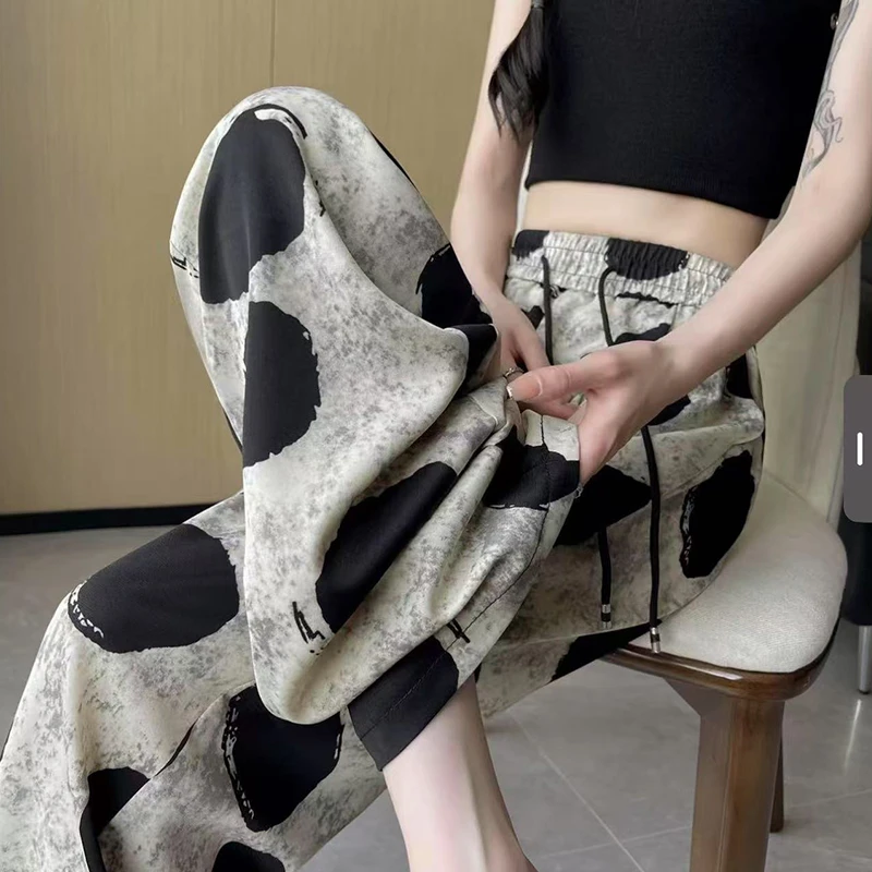 裤子女夏季薄款宽松休闲居家裤复古印花阔腿裤慵懒风遛弯长裤