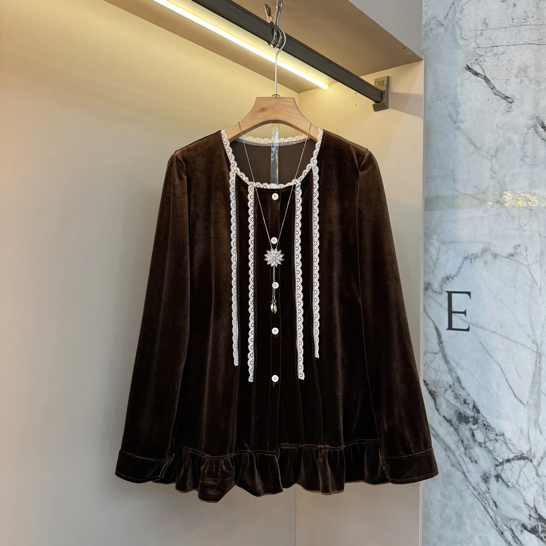 2025欧货时尚简约显贵设计感宽松丝绒花边潮流大码胖mm上衣943