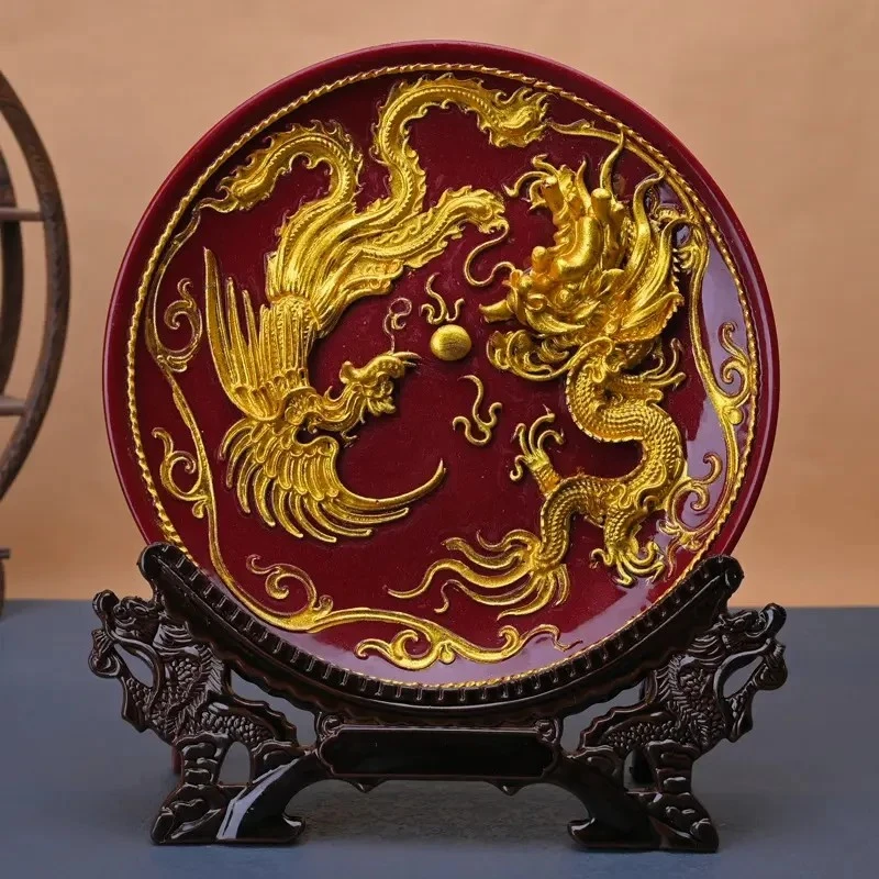 【先生推荐】紫金龙凤圆盘客厅玄关摆件礼物装饰品乔迁送礼礼品桌面