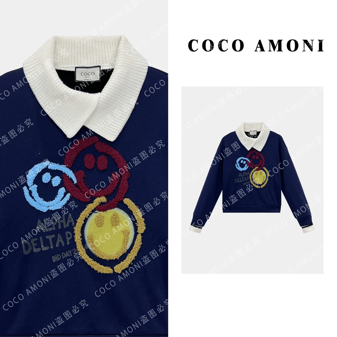 秋冬季新款休闲高级卫衣拼接重工笑脸显瘦减龄长袖上衣女装ZQ723