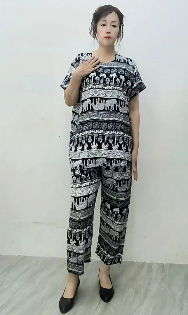 夏棉绸碎花短袖圆领妈妈装套装女宽松松紧腰筒裤遮肉显瘦套裤薄款