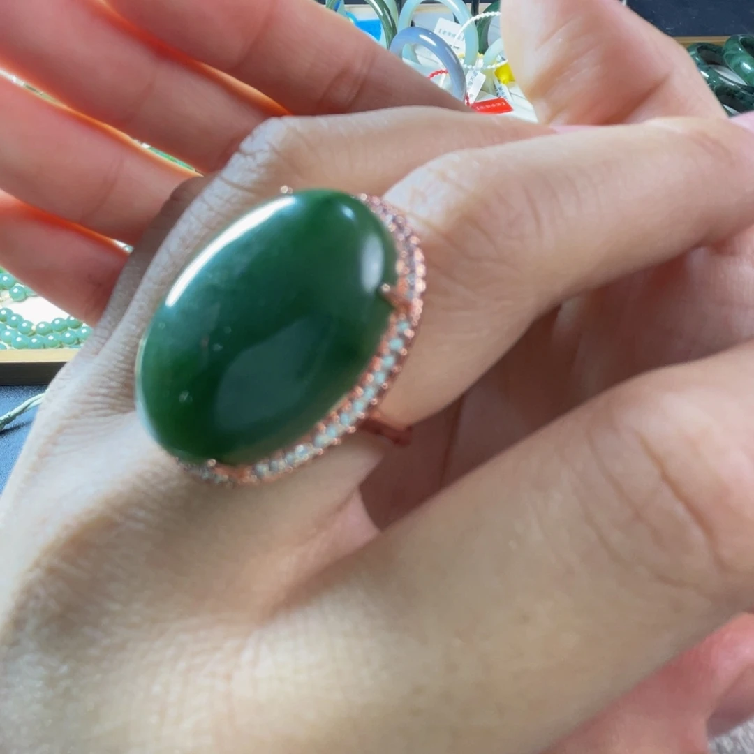 和田玉合金戒指和田玉菠菜绿戒指