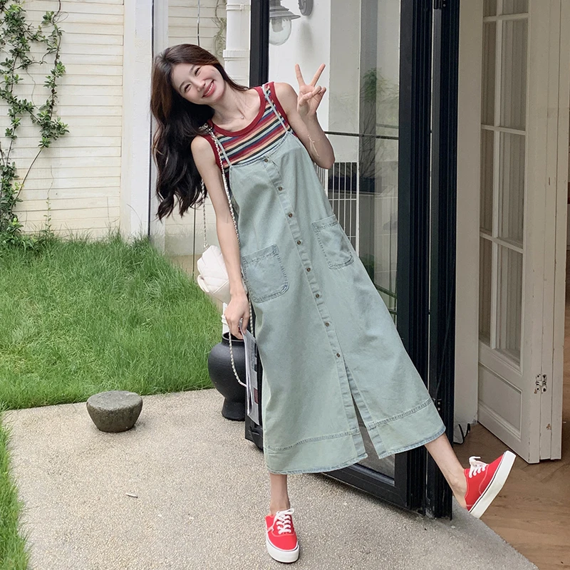 彩色条纹背心T恤牛仔背带裙女夏季宽松休闲无袖连衣裙两件套显瘦