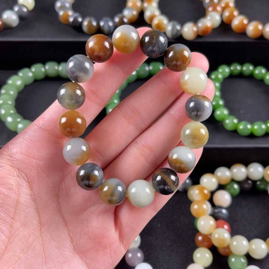 和田玉手串未镶嵌卡12颗颗三色