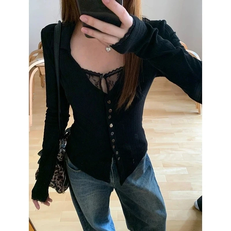 大码胖mm黑色性感蕾丝拼接V领针织衫女秋冬内搭修身纯欲打底上衣