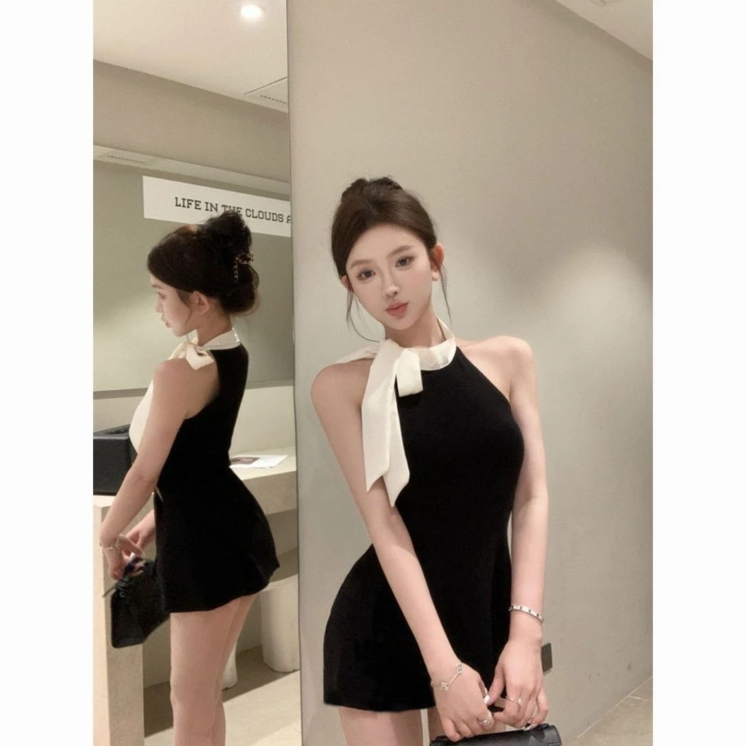 蝴蝶结黑色连衣裙夏季法式无袖小黑裙高级收腰显瘦气质小个子短裙