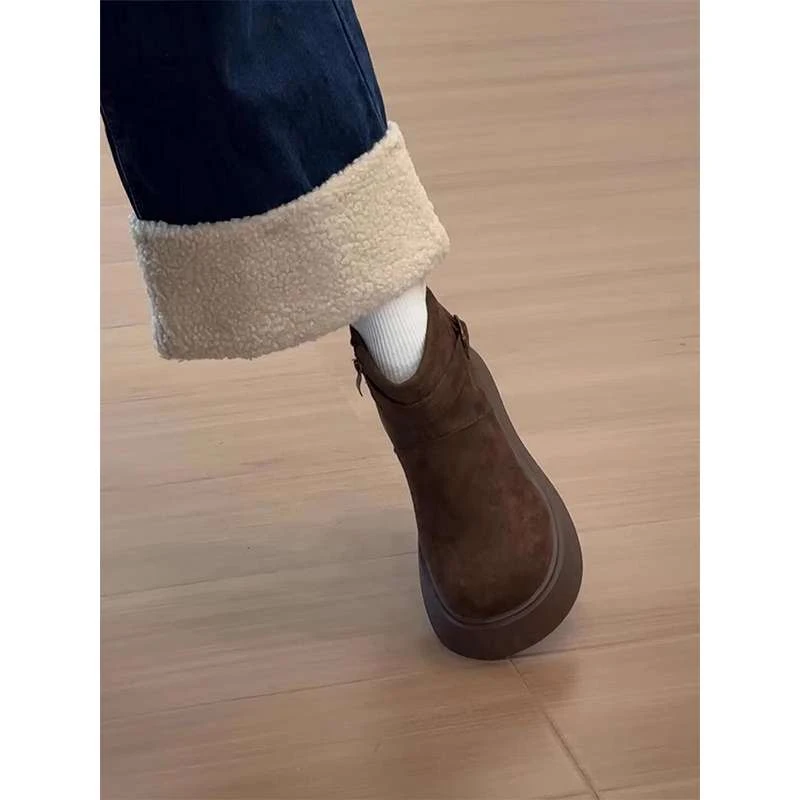 复古绒面厚底马丁靴女2025冬季新款加绒保暖雪地靴勃肯鞋棉鞋短靴