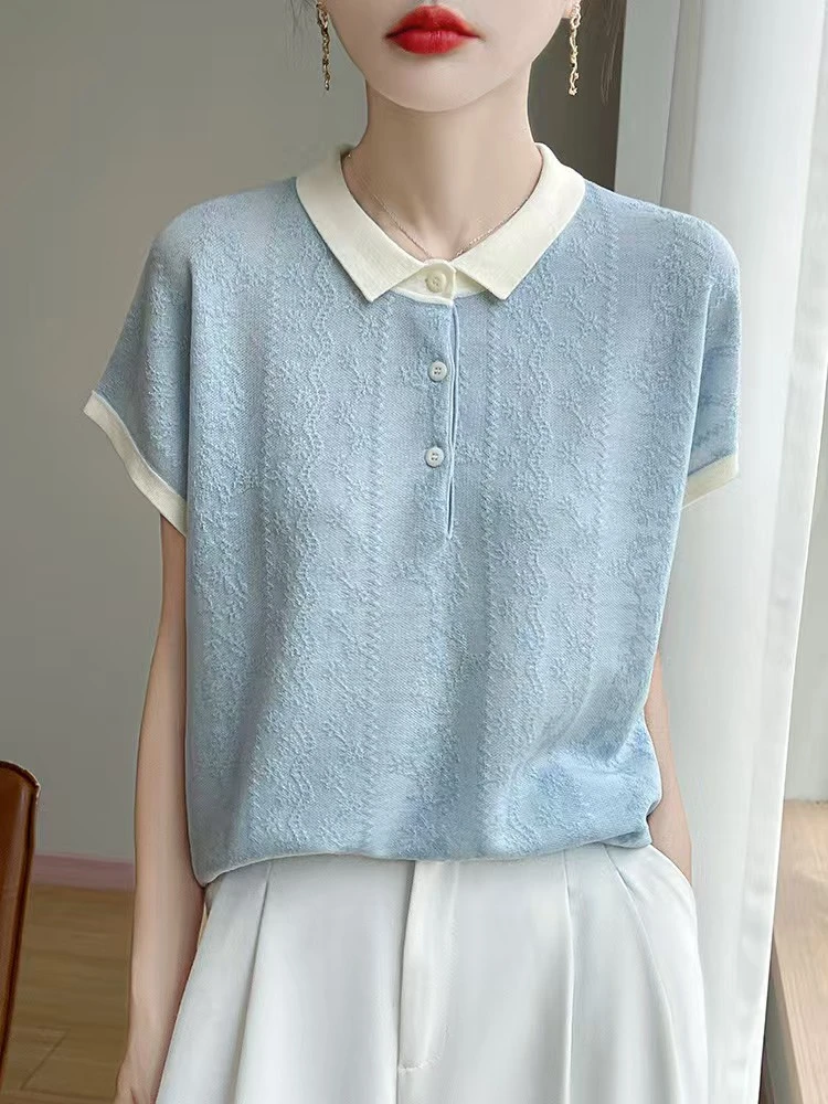 夏季polo衫短袖针织网纱雪花莱赛尔凉感薄款撞色T恤032