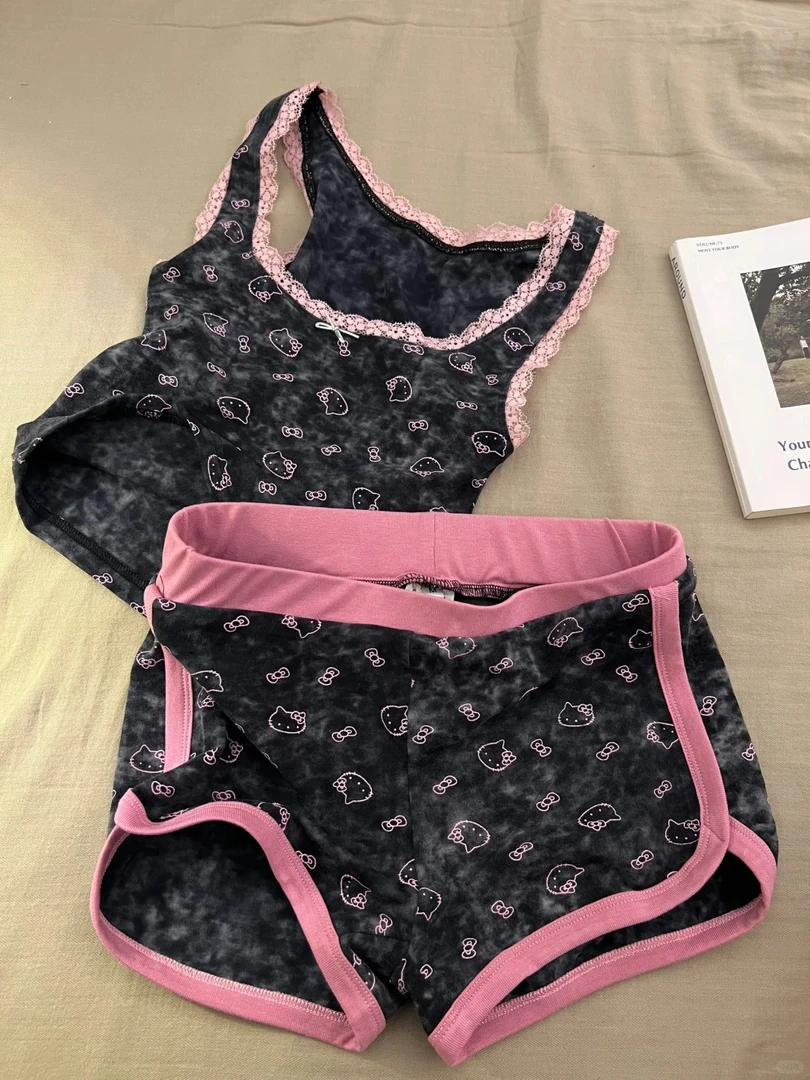 运动风辣妹蕾丝kitty猫睡衣女夏季新款背心短裤套装可外穿家居服