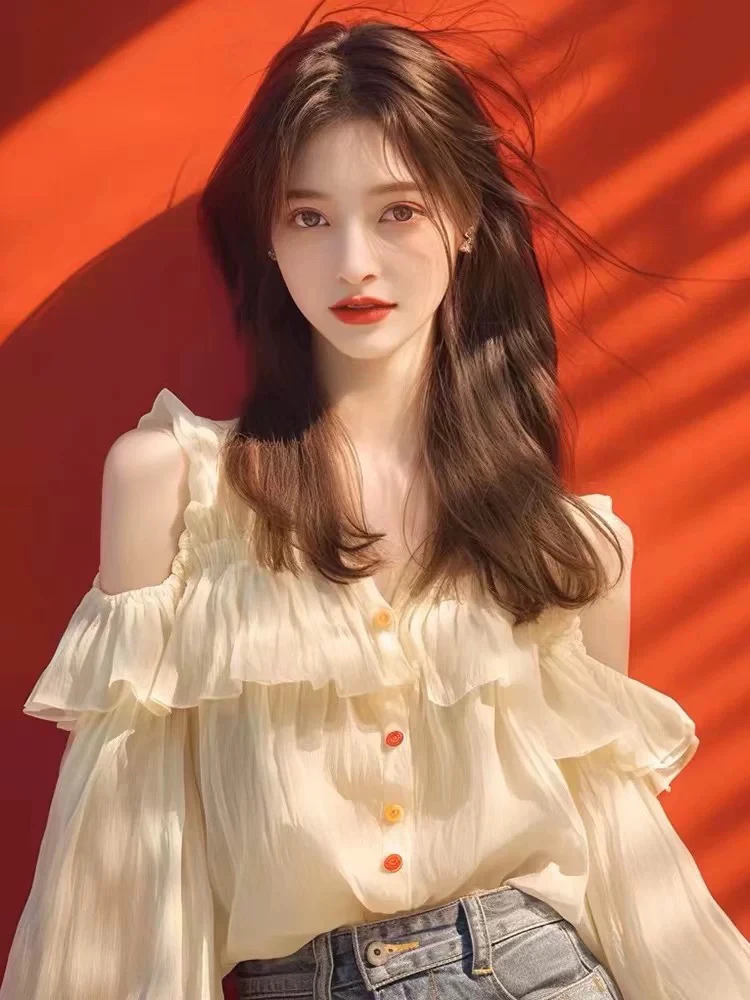 荷叶边衬衫春装女2025年新款爆款小衫法式露肩设计感长袖上衣