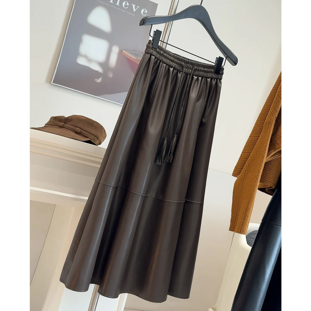 酷飒气质中长款字皮半身裙女秋冬新款高腰显瘦松紧腰时尚皮裙