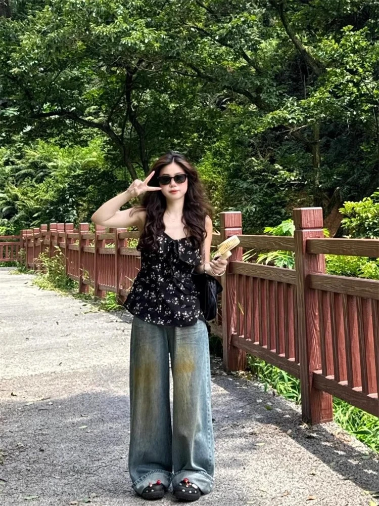 大码胖mm荷叶边碎花小吊带背心女夏季法式度假风美背外穿蓬蓬上衣