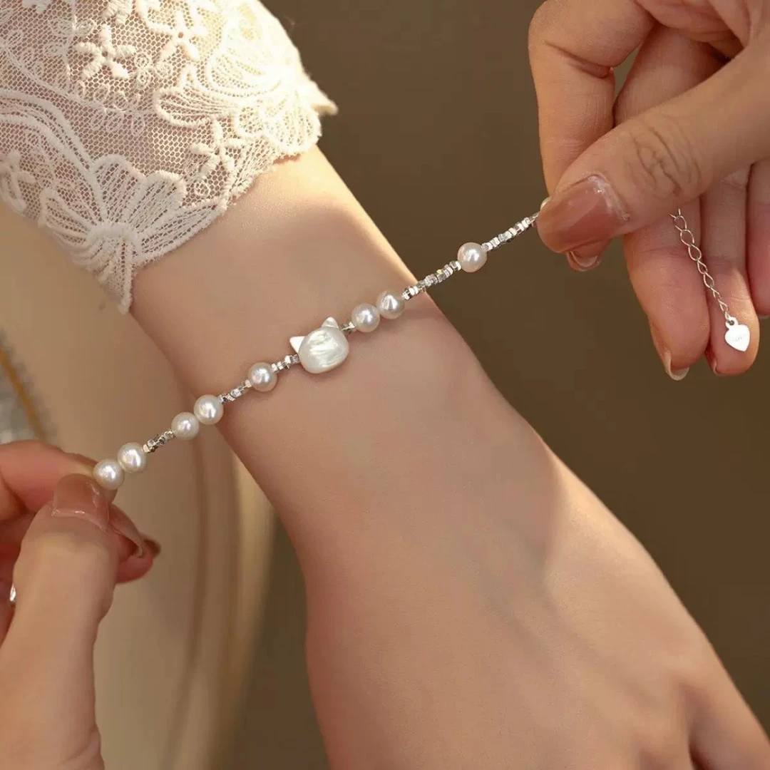 925银仿珍珠手链 新款时尚百搭简约气质小猫手链XML05