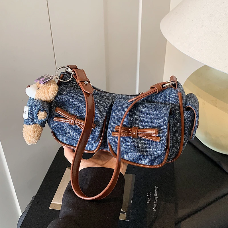 超火小众牛仔布包包女2025新款时尚撞色百搭小拎包通勤单肩腋下包