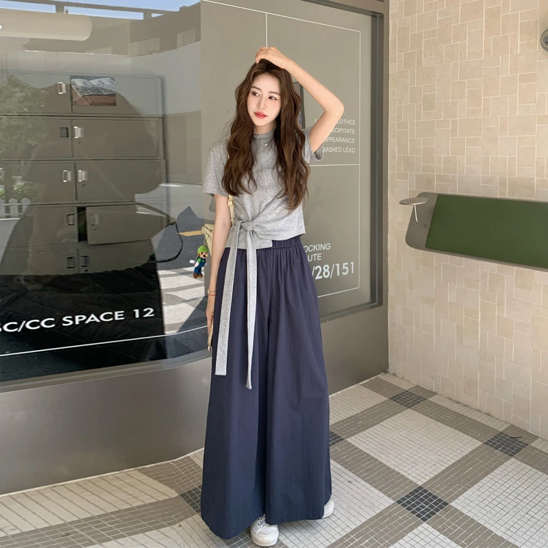 韩系慵懒风设计感系带T恤阔腿裤2025夏季新款显瘦松弛感穿搭套装
