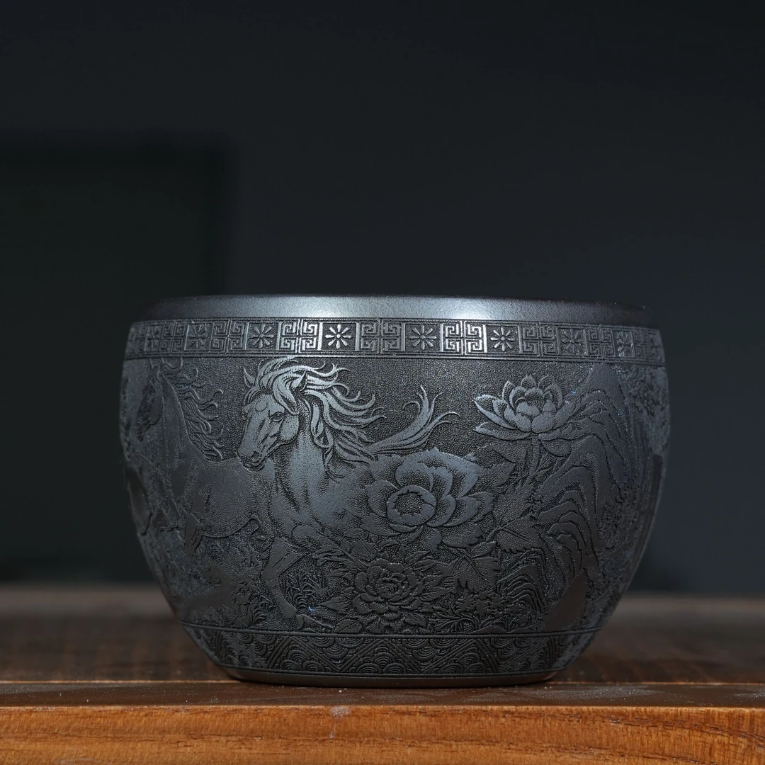 宜兴原矿石黄料刻绘骏马紫砂手工主人杯容量200CC