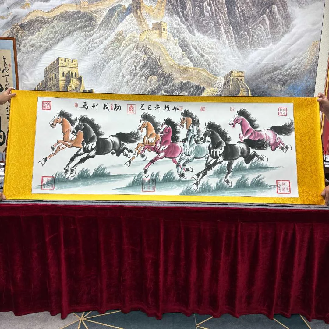 潘耀邦-马到成功-八骏图-国画-精品卷轴-画-左右2米上下70CM