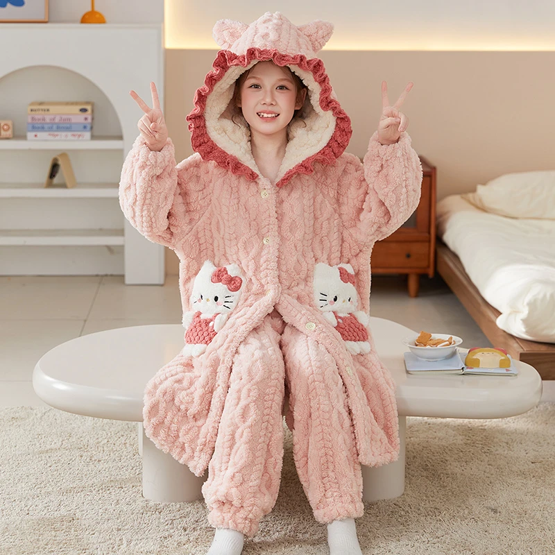 法兰绒女童睡袍冬季儿童睡衣新款加绒加厚外穿女孩洋气家居服套装