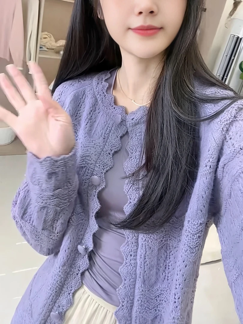 8012 早春韩系针织开衫女2025新款薄款外搭钩花气质减龄长袖上衣