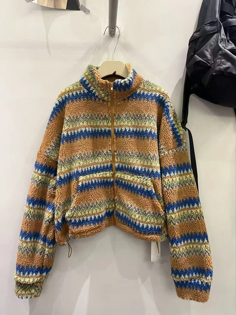 韩版秋季新款撞色条纹毛绒外套