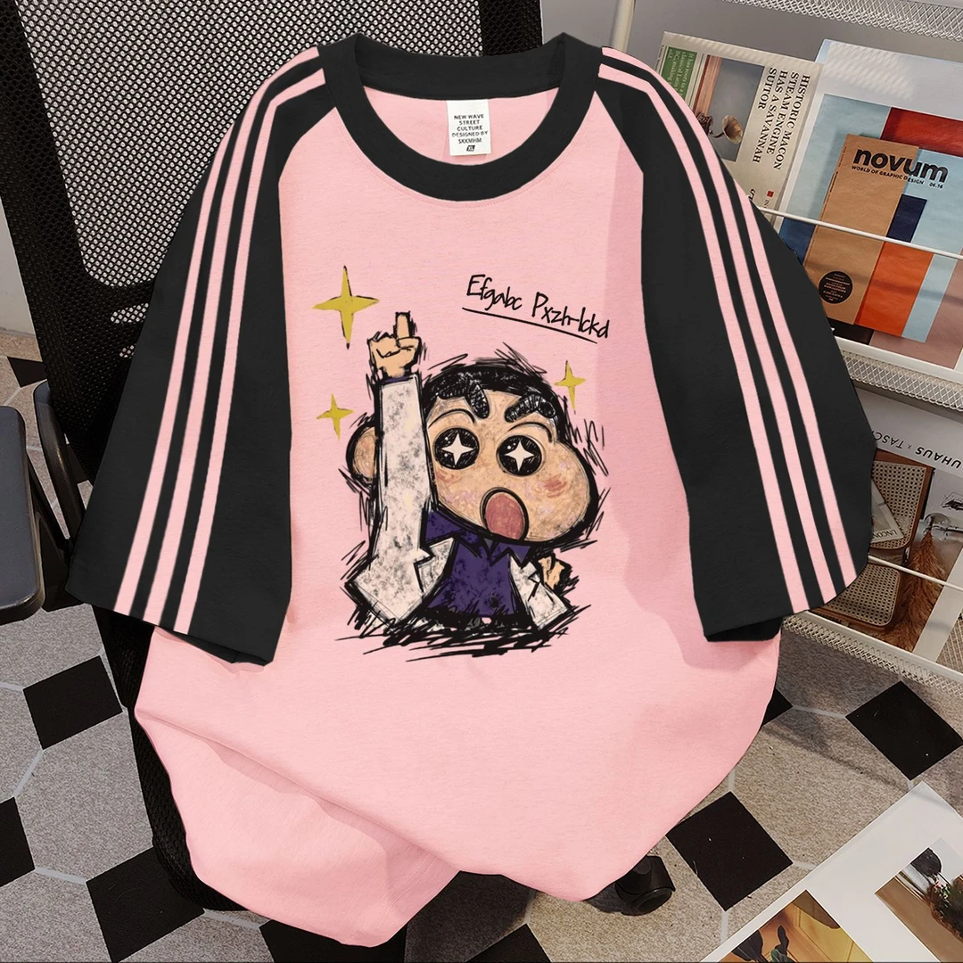 100%纯棉欧美复古趣味印花三条杠短袖t恤女夏季宽松情侣上衣ins潮