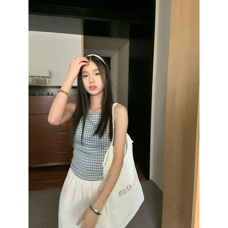 王少女的店 蓝色格纹无袖镂空蝴蝶结针织衫夏季辣妹上衣Z30830S51