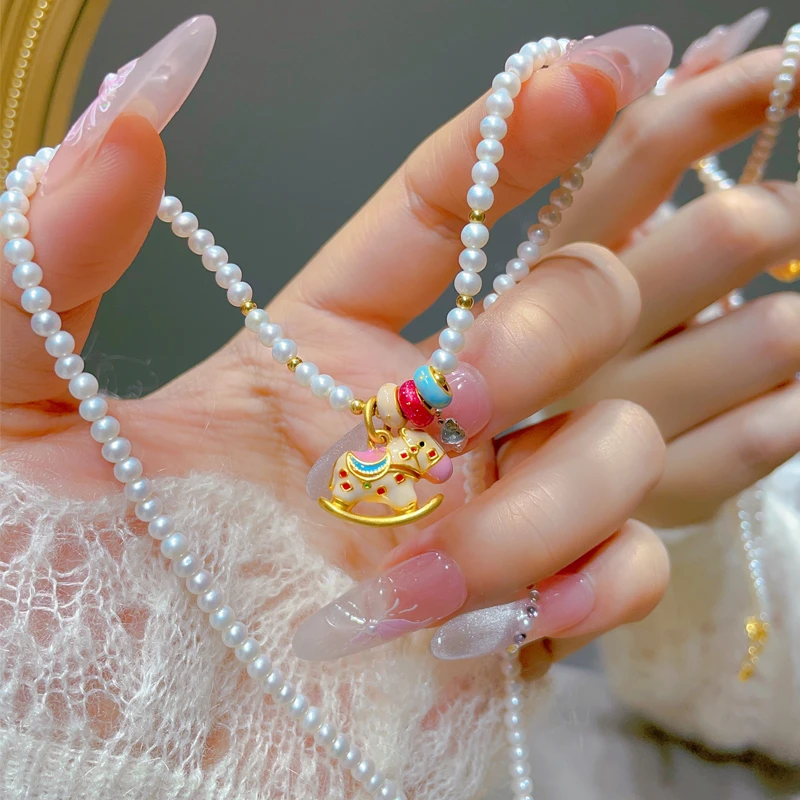 瑞诺黄金烧蓝木马珍珠项链女士2025新款足金多巴胺吊坠送女友