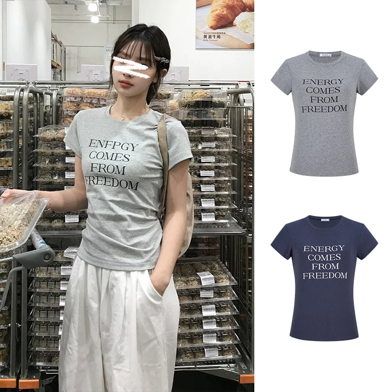 Moses Queen/魔西女王时髦花灰色短袖T恤女夏季修身显瘦上衣
