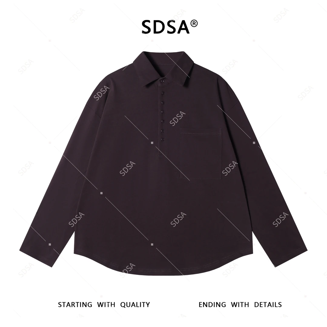 SDSA男士2025新款轻奢痞帅男装美式纯色半纽扣翻领长袖T恤百搭