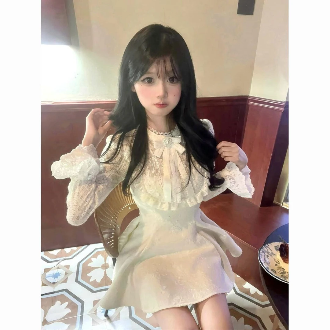 富家千金小香风连衣裙春季蝴蝶结拼接重工公主裙蕾丝收腰显瘦短裙