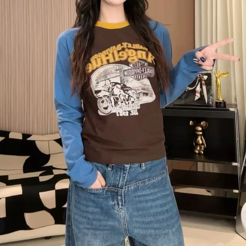 设计感氛围感撞色长袖T恤2025新款秋季新颖配色减龄显瘦女士上衣