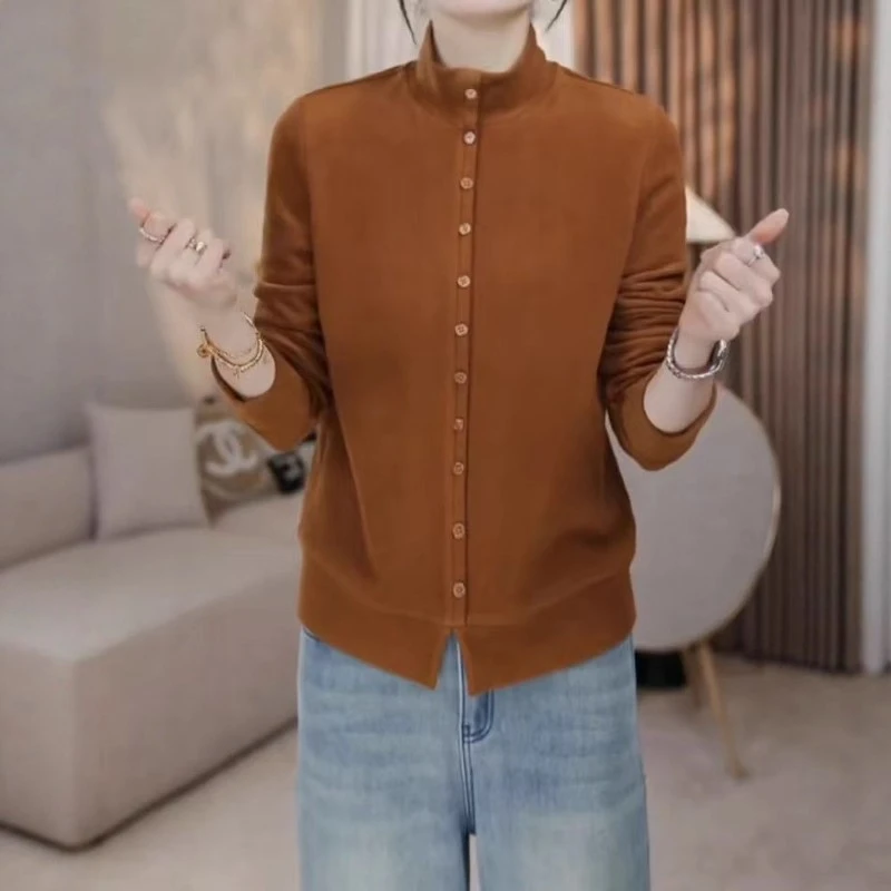 韩系简约单排扣卫衣女秋冬新款胖MM大码女装保暖显瘦内搭打底上衣