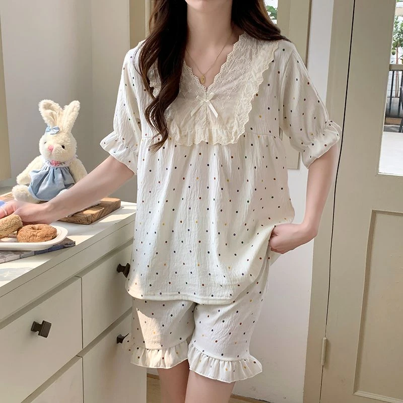 波点云朵绵2025夏天短袖睡衣女套装家居服女睡衣蕾丝两件套