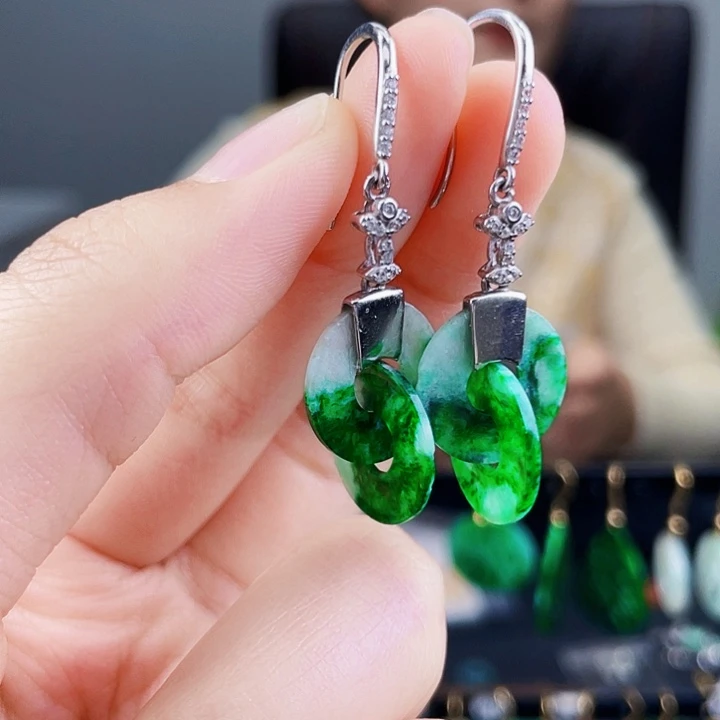 翡翠耳饰银S925镶嵌饰品