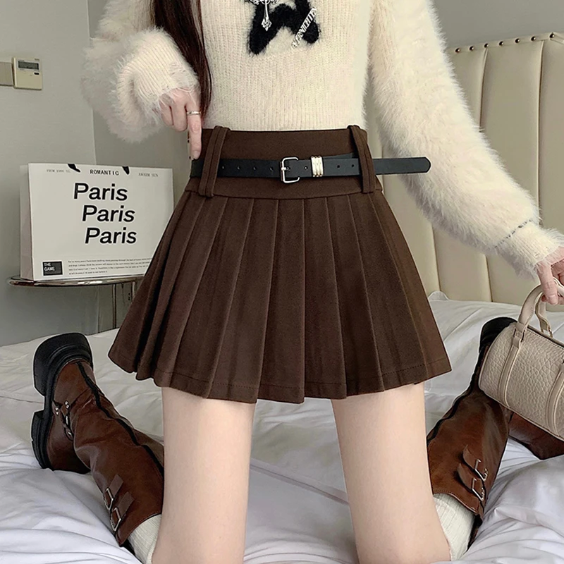 美拉德咖色毛呢半身裙女2025新款秋冬高腰显瘦A字短裙辣妹百褶裙