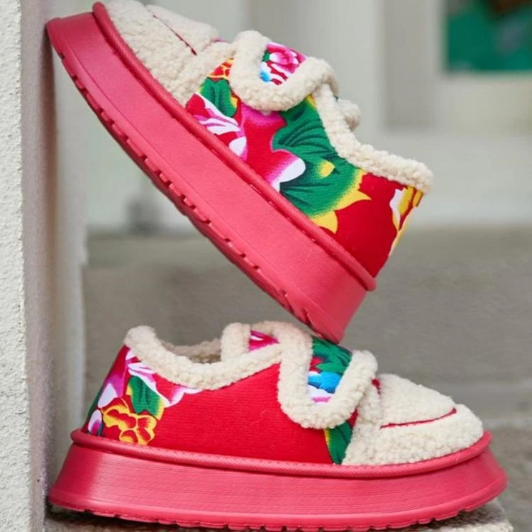 双12民族风东北大花厚底毛绒包跟冬季新款外穿防滑保暖棉拖鞋女士